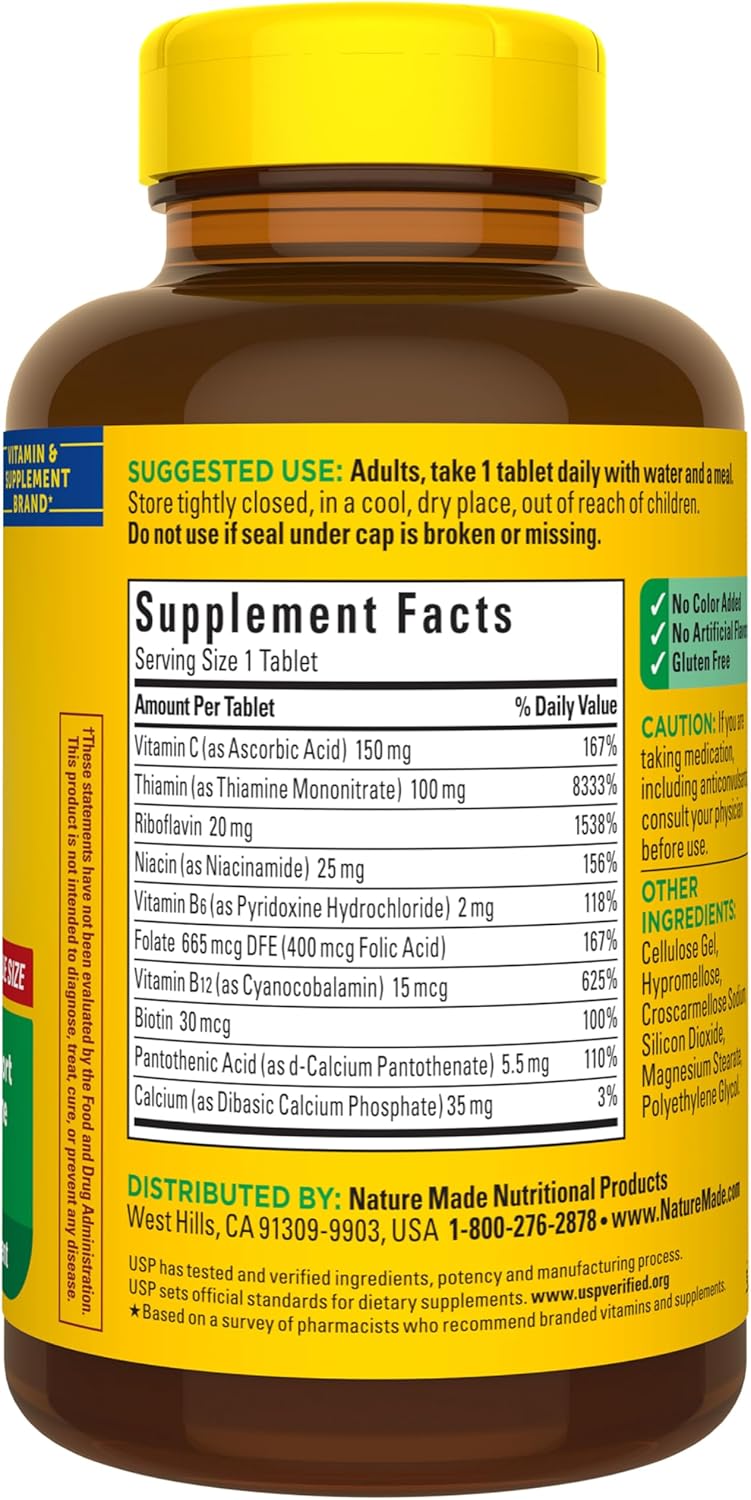 Nature Made Complejo Super B con vitamina C y ácido fólico, vitaminas del complejo B para mujeres y hombres, suplemento dietético para apoyo inmunológico, 360 tabletas, suministro para 360 días