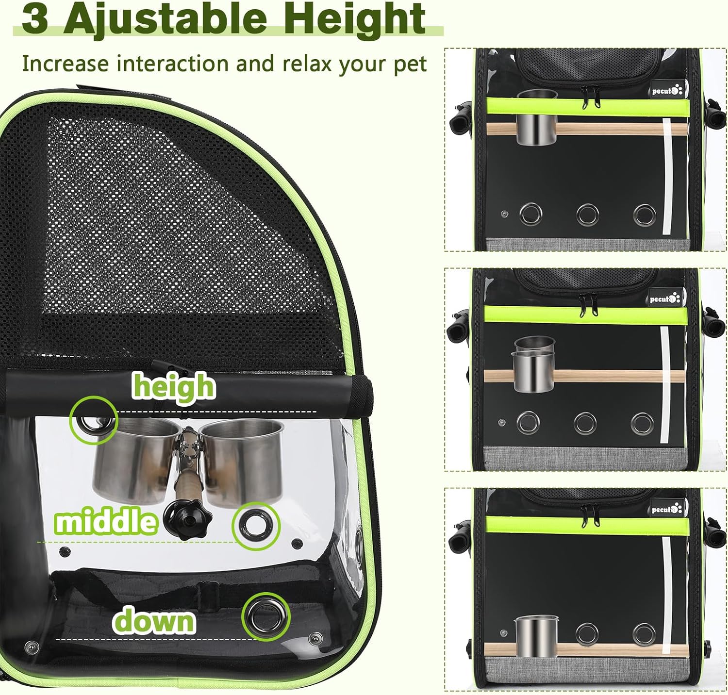 Pecute Mochila transportadora de pájaros, mochila de pájaros loros con ventana visible, percha de pie de altura ajustable, latas de alimentación, almohadillas impermeables, jaula de viaje plegable ligera para pájaros para senderismo, campamento