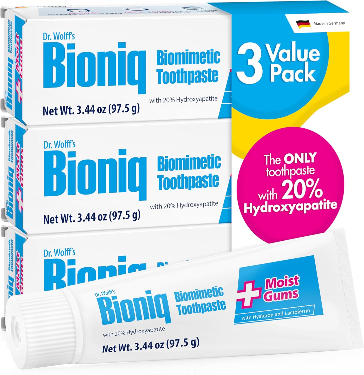 Bioniq Plus+ Gum Formula - Pasta de dientes al 20% de hidroxiapatita, pasta de dientes sin bioHAP y flúor para uso diario, clínicamente probada, nuestro experto en esmalte y cuidado de las encías, 3 x 3.44 onzas