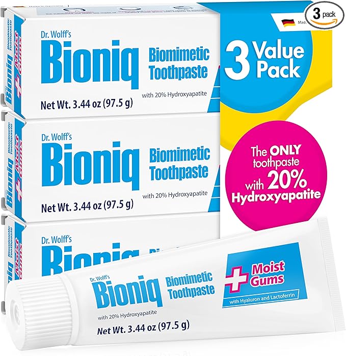 Bioniq Plus+ Gum Formula - Pasta de dientes al 20% de hidroxiapatita, pasta de dientes sin bioHAP y flúor para uso diario, clínicamente probada, nuestro experto en esmalte y cuidado de las encías, 3 x 3.44 onzas