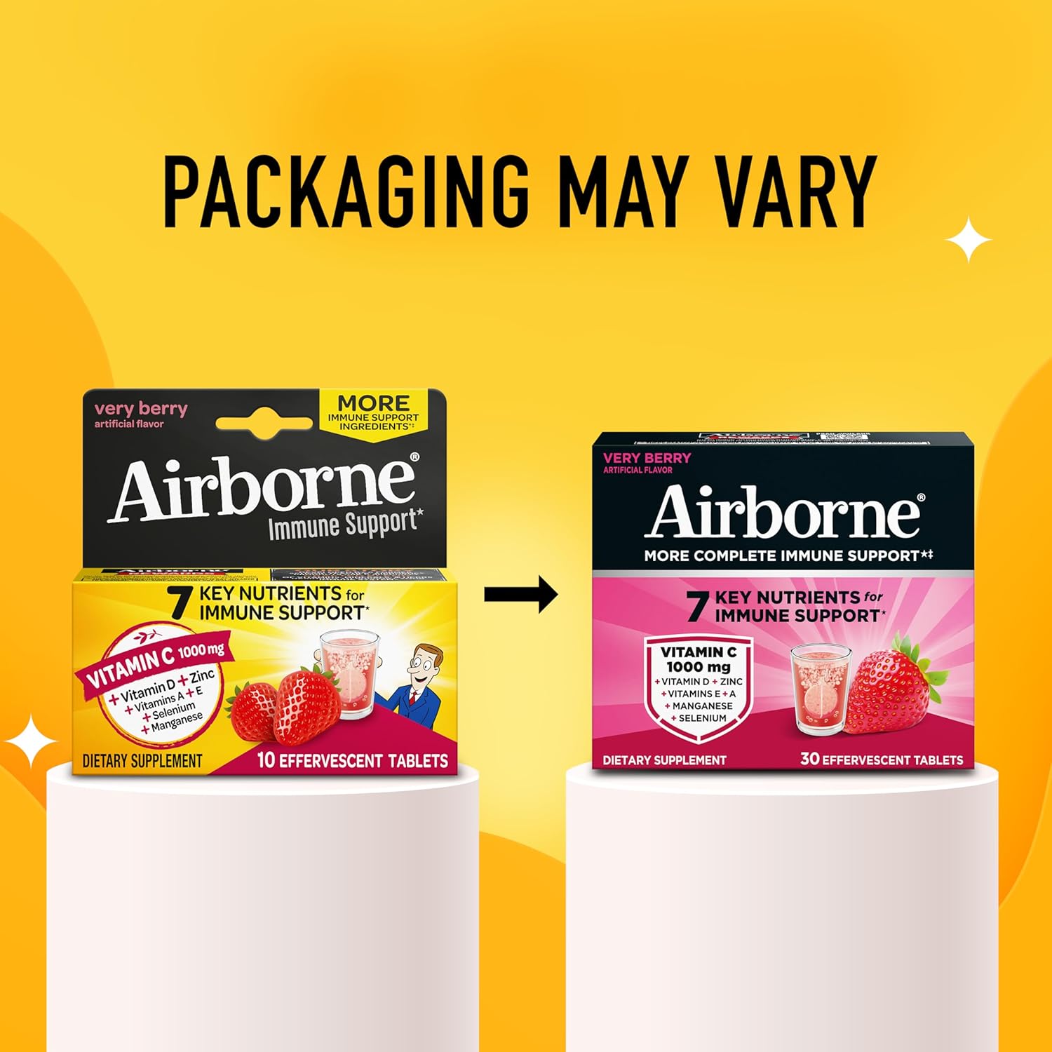 Airborne Variety Pack 1000mg Vitamin C with Vitamin D & Zinc, Sugar Free Multivitamin Immune Support Supplement, Antioxidants Vitamins A C & Vitamin E, 30 Effervescent Tablets, Citrus + Verry Berry