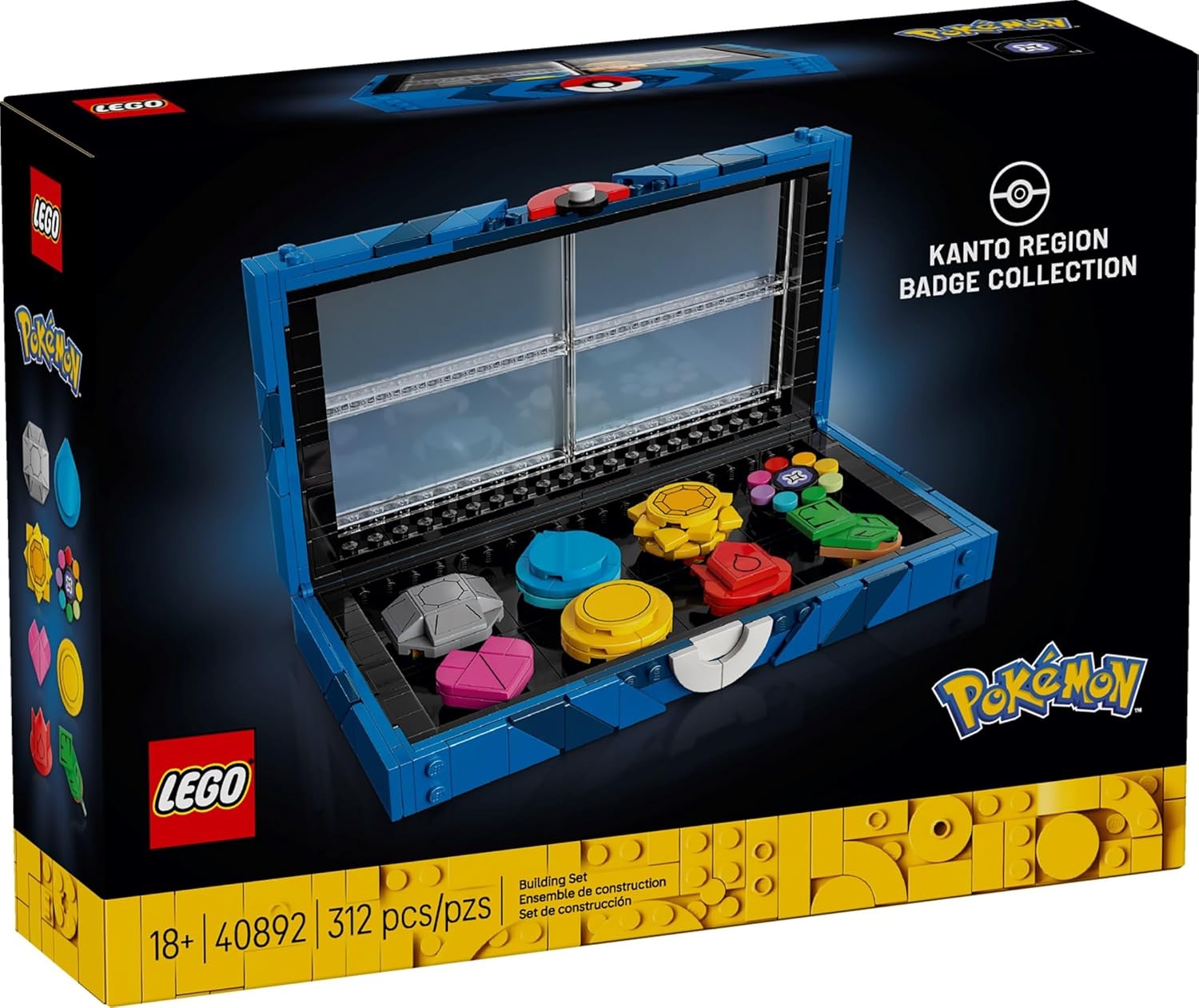 LEGO Colección de insignias de la región de Pokémon Kanto, vitrina de 312 piezas con 8 insignias de gimnasio, recuerdos coleccionables de videojuegos, regalo para adultos - 40892