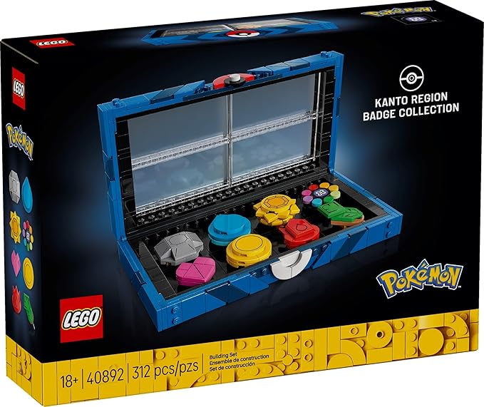 LEGO Colección de insignias de la región de Pokémon Kanto, vitrina de 312 piezas con 8 insignias de gimnasio, recuerdos coleccionables de videojuegos, regalo para adultos - 40892