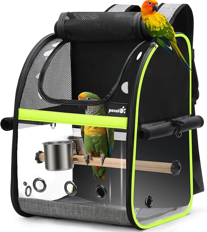 Pecute Mochila transportadora de pájaros, mochila de pájaros loros con ventana visible, percha de pie de altura ajustable, latas de alimentación, almohadillas impermeables, jaula de viaje plegable ligera para pájaros para senderismo, campamento