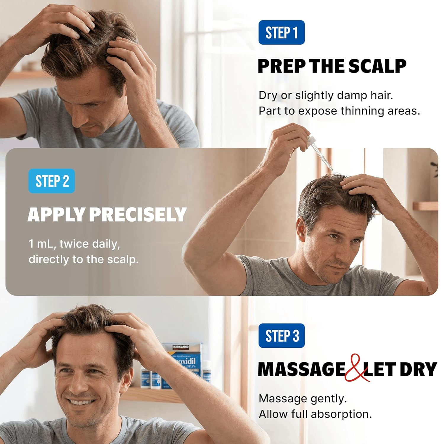 Kirkland Signature Minoxidil Solución tópica USP 5%, tratamiento de crecimiento capilar extra fuerte para hombres, suministro de 6 meses