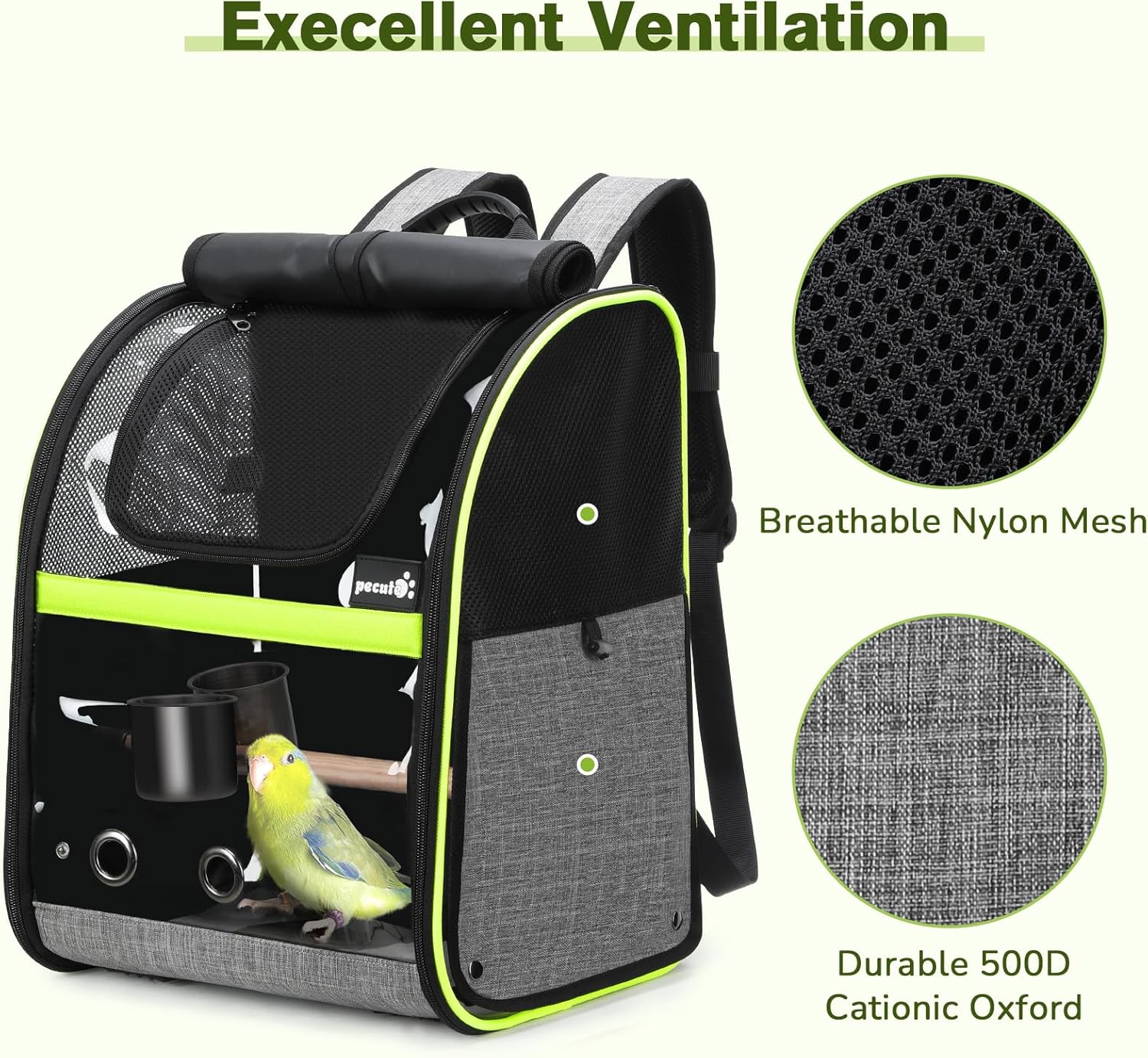 Pecute Mochila transportadora de pájaros, mochila de pájaros loros con ventana visible, percha de pie de altura ajustable, latas de alimentación, almohadillas impermeables, jaula de viaje plegable ligera para pájaros para senderismo, campamento