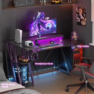 Korfile 47 Inch Gaming Desk with Power Outlet & LED Lights, Corner Computer Desk with 3 Tiers Storage Shelves, Home Office Desk with Monitor Stand for Small Space, Carbon Fiber Black