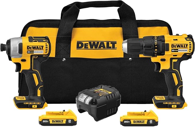 DEWALT Taladro inalámbrico de 20 V MAX y destornillador de impacto, taladro eléctrico sin escobillas, kit combinado de herramientas eléctricas de 2 herramientas, incluye 2 baterías, cargador y bolsa