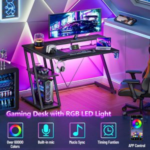 Korfile 47 Inch Gaming Desk with Power Outlet & LED Lights, Corner Computer Desk with 3 Tiers Storage Shelves, Home Office Desk with Monitor Stand for Small Space, Carbon Fiber Black