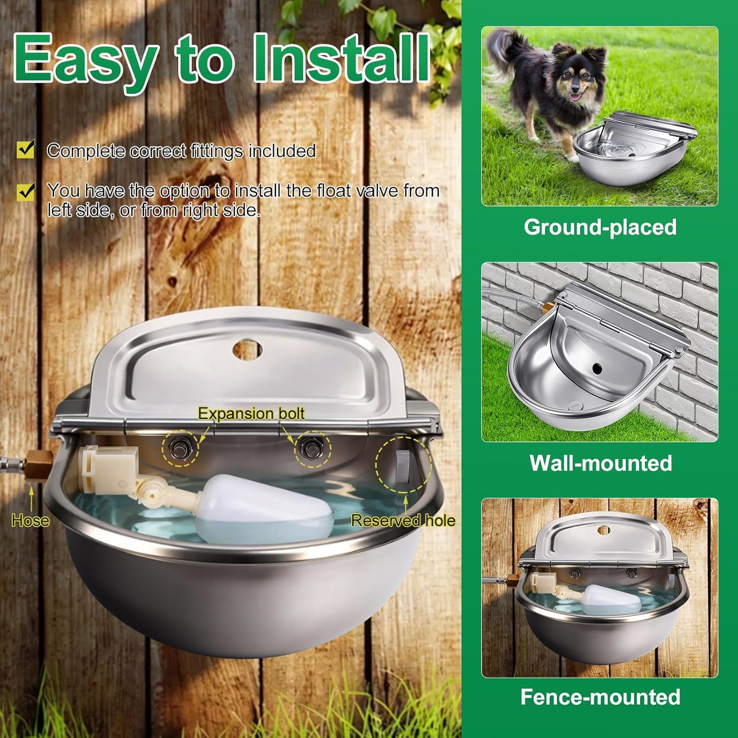 Dispensador automático de agua de metal para perros, bebedero de acero inoxidable resistente para exteriores, alimentador de agua para animales autolenado para perros y gatos con flotador y
