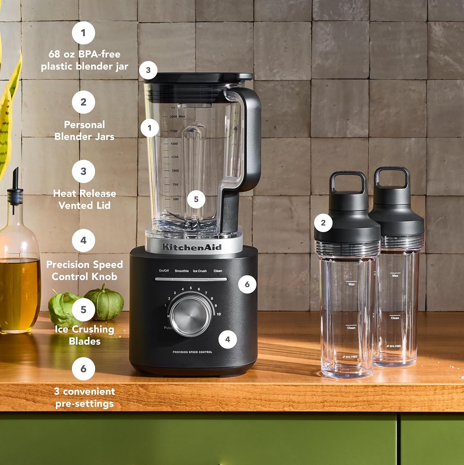 KitchenAid Pure Power - Licuadora con 2 frascos de mezcla personales, potencia máxima de 1700 vatios*, KSB2078, negro mate