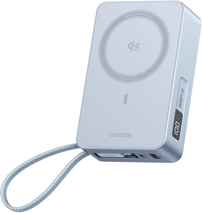 UGREEN MagFlow - Banco de energía magnético de 20000 mAh para MagSafe con cable integrado, carga inalámbrica certificada Qi2 de alta capacidad de 25 W y carga rápida PD de 45 W, cargador portátil para iPhone 17 Pro Max/16/15/14