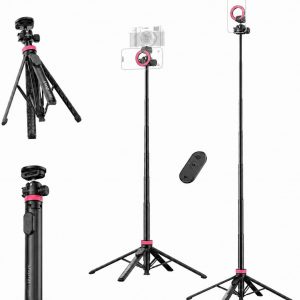 ULANZI MT44M Auto Open Magnetic Phone Tripod, 59" Selfie Stick Tripod Stand w Remote, 2-in-1 Dual Mount&1/4" Screw for Phone&Camera, 360°Ball Head for iPhone Android, Vlogging, Live Streaming, Black