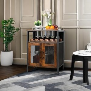 X-cosrack Armario para bar de vinos con estante desmontable para vinos, barra de café con soporte para vidrio, aparador pequeño y gabinete de buffet con puerta de malla, marrón rústico (patente