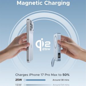 UGREEN MagFlow 10,000mAh Power Bank, Qi2 25W Certified Wireless Charging, Magnetic Portable Charger for MagSafe with Built-in Cable, 30W USB-C Battery Pack for iPhone 17 Pro Max/16/15/14/13/12