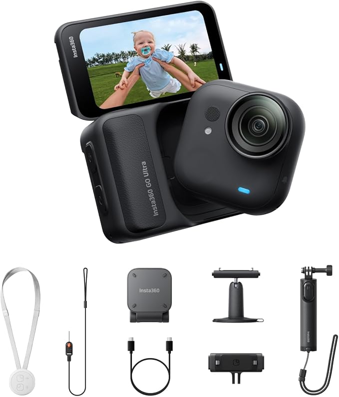 Insta360 GO Ultra Creator Bundle - Small 4K Vlogging Camera, Hands-Free, POV Cam, 1/1.28" Sensor, 53g Lightweight, 156° FOV, 200 Min Battery Life, Magnetic Wearable Action Camera for Sports, Vlog