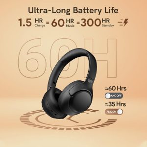 QCY Auriculares Bluetooth H3 ANC sobre la oreja, cancelación activa de ruido Bluetooth 5.4 auriculares con micrófonos, sonido de audio de alta resolución, conexión multipunto, reproducción de 60 horas, ecualizador personalizado a través de la aplicación (negro)