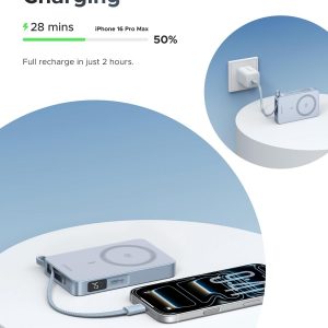 UGREEN MagFlow 10,000mAh Power Bank, Qi2 25W Certified Wireless Charging, Magnetic Portable Charger for MagSafe with Built-in Cable, 30W USB-C Battery Pack for iPhone 17 Pro Max/16/15/14/13/12
