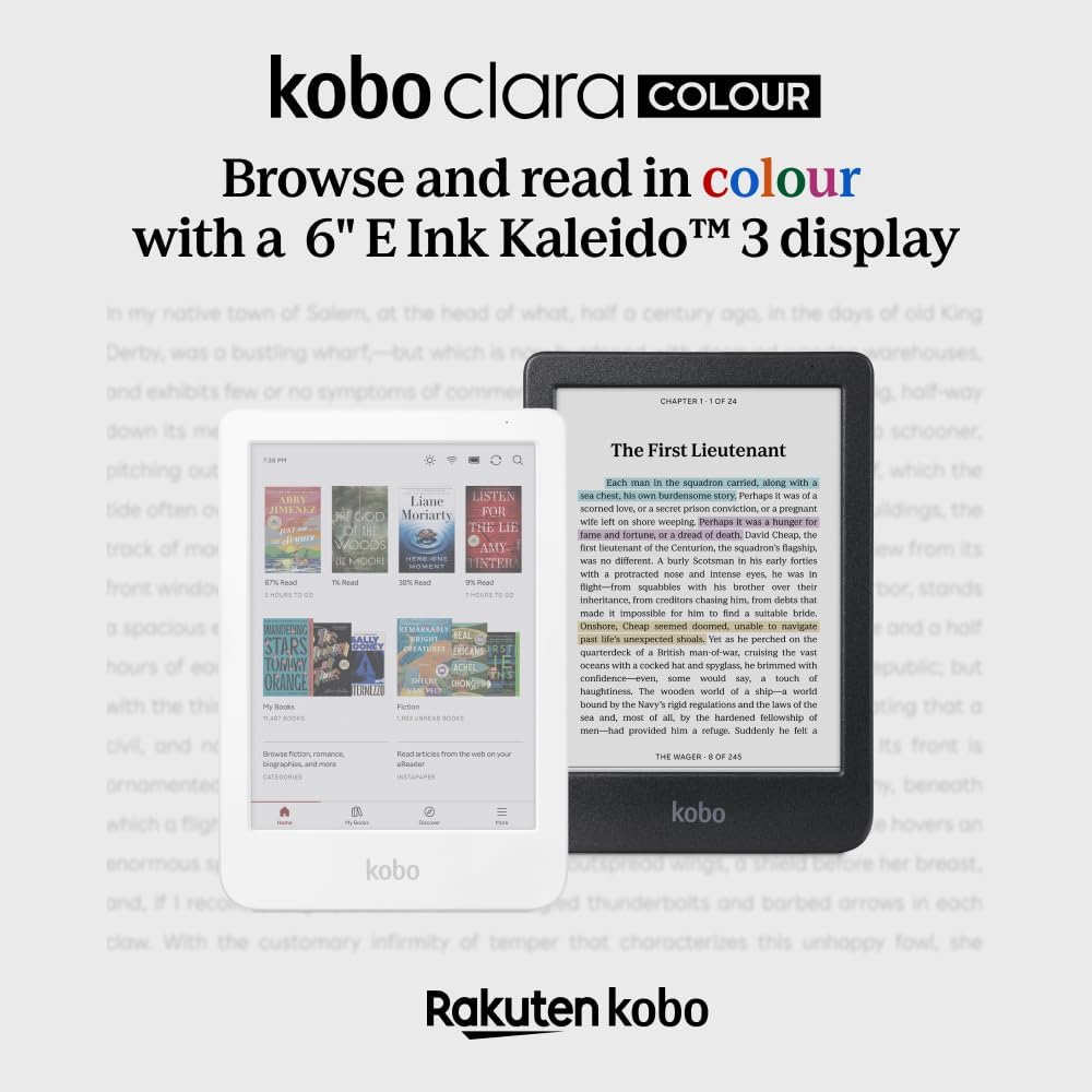 Kobo Clara Colour | Lector electrónico a color | Pantalla Kaleido™ 3 de tinta E sin deslumbramiento de 6 pulgadas | Opción de modo oscuro | Resistente al agua | Audiolibros | 16 GB de almacenamiento |