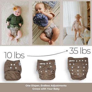 Nora's Nursery Cloth Diapers 7 Pack with 7 Inserts & 1 Wet Bag - Waterproof Cover, Washable, Reusable & One Size Adjustable Pocket Diapers for Newborns and Toddlers - Sand and Stone