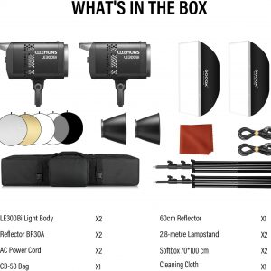GODOX Godox Litemons LE300Bi - Kit de luz de video LE300Bi con soporte de luz Softbox, montaje Bowens, control de aplicación DMX/Bluetooth, conexión NFC, 2800K ~ 6500K, 58900Lux@3.3 ft, CRI/TLCI98, 11