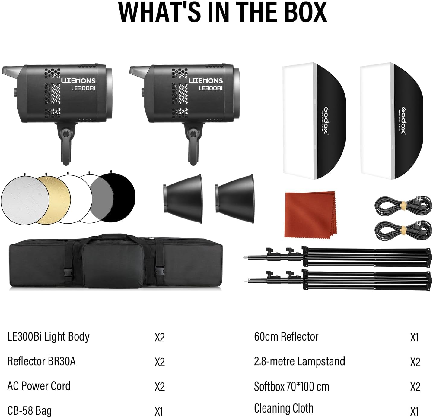 GODOX Godox Litemons LE300Bi - Kit de luz de video LE300Bi con soporte de luz Softbox, montaje Bowens, control de aplicación DMX/Bluetooth, conexión NFC, 2800K ~ 6500K, 58900Lux@3.3 ft, CRI/TLCI98, 11