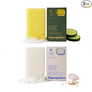 T.Taio Esponjabon Mother of Pearl & Cucumber Melon Soap Sponges — Shower Scrubbers that Remove Oil & Dirt — Sponges to Scrub Foot, Elbow, & Face — Bathroom Accessories — Fresh Scent (2-Pack)
