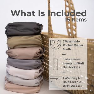 Nora's Nursery Cloth Diapers 7 Pack with 7 Inserts & 1 Wet Bag - Waterproof Cover, Washable, Reusable & One Size Adjustable Pocket Diapers for Newborns and Toddlers - Sand and Stone
