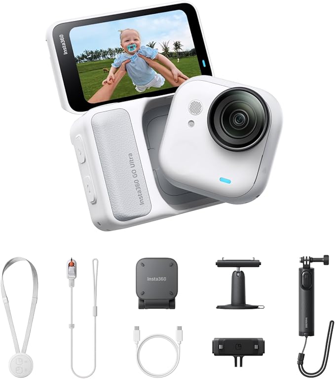 Insta360 GO Ultra Creator Bundle - Small 4K Vlogging Camera, Hands-Free, POV Cam, 1/1.28" Sensor, 53g Lightweight, 156° FOV, 200 Min Battery Life, Magnetic Wearable Action Camera for Sports, Vlog