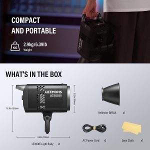 Godox Litemons LE300Bi COB luz de video LED, luz de salida continua bicolor Godox Bowens Mount de 315W con control DMX/Bluetooth APP, conexión NFC, 2800K~6500K, 58900Lux@1m, CRI/TLCI98, 11 efectos Fx