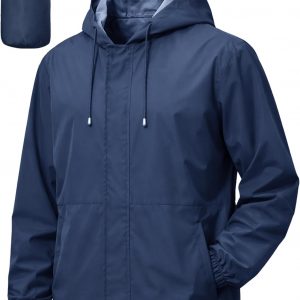 UIQUR Chaqueta impermeable para hombre, rompevientos, ciclismo, correr, senderismo, golf, viajes, capucha, ligera, plegable