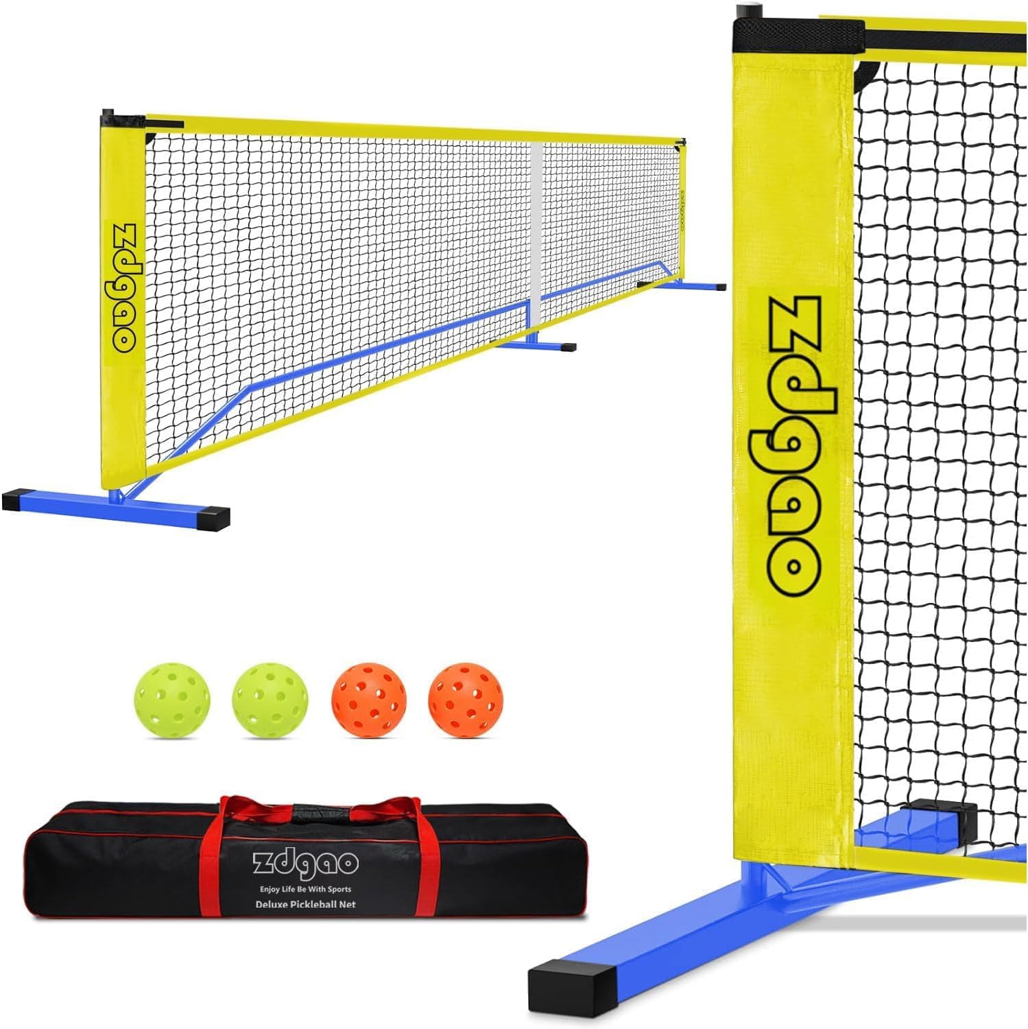 Zdgao Portable Pickleball Net for Driveway, 22FT Regularion Size Pickle Ball Net with Pickleballs and Carry Bag, Easy Setup for Indoor Gym, Outdoor Court, Backyard, Street
