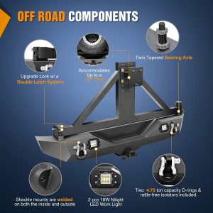Nilight Rear Bumper & Spare Tire Rack & Hitch Receiver w/2 LED Lights Compatible for 2007-2018 Wrangler JK for 2007-2018 Wrangler JK & Unlimited