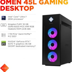 HP OMEN 45L Gaming Desktop, Intel Core Ultra 7 265K, 32 GB RAM, 1 TB SSD, NVIDIA GeForce RTX 5070 Ti, Windows 11 Pro, Microsoft Copilot, Tempered Glass, GT22-3060 (2025) (Renewed)