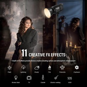Godox Litemons LE300Bi COB luz de video LED, luz de salida continua bicolor Godox Bowens Mount de 315W con control DMX/Bluetooth APP, conexión NFC, 2800K~6500K, 58900Lux@1m, CRI/TLCI98, 11 efectos Fx