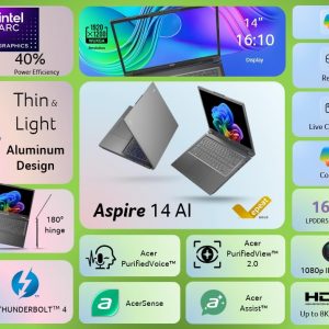 Acer Aspire 14 AI Copilot+ PC | Pantalla WUXGA de 14 pulgadas | Procesador Intel Core Ultra 5 de 226 V | NPU: hasta 40 tops - GPU: hasta 53 tops | Intel ARC 130V | 16 GB LPDDR5X | SSD de 512 GB | Wi-Fi 6E | A14-52M-52M-5 1S1