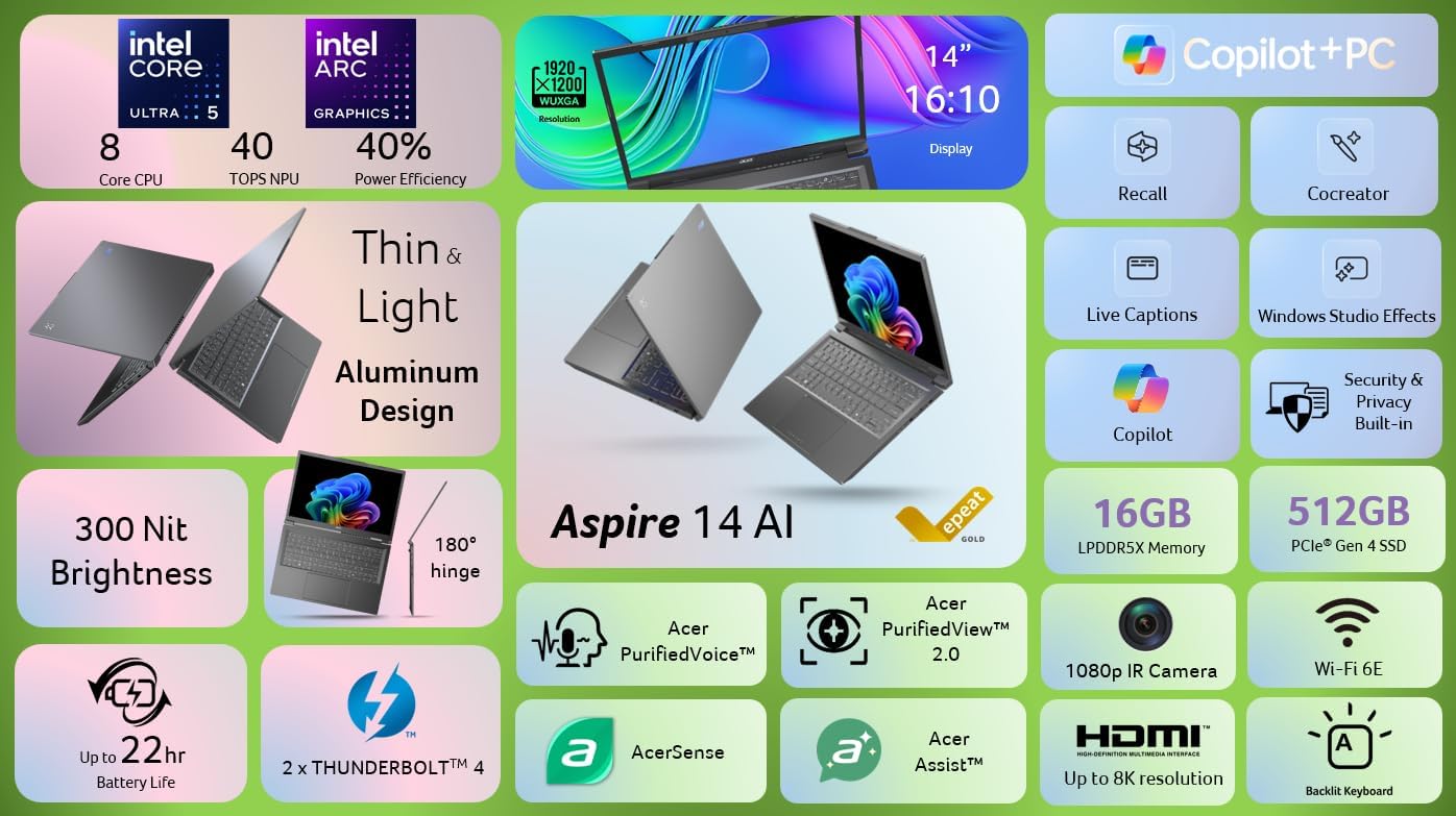 Acer Aspire 14 AI Copilot+ PC | Pantalla WUXGA de 14 pulgadas | Procesador Intel Core Ultra 5 de 226 V | NPU: hasta 40 tops - GPU: hasta 53 tops | Intel ARC 130V | 16 GB LPDDR5X | SSD de 512 GB | Wi-Fi 6E | A14-52M-52M-5 1S1