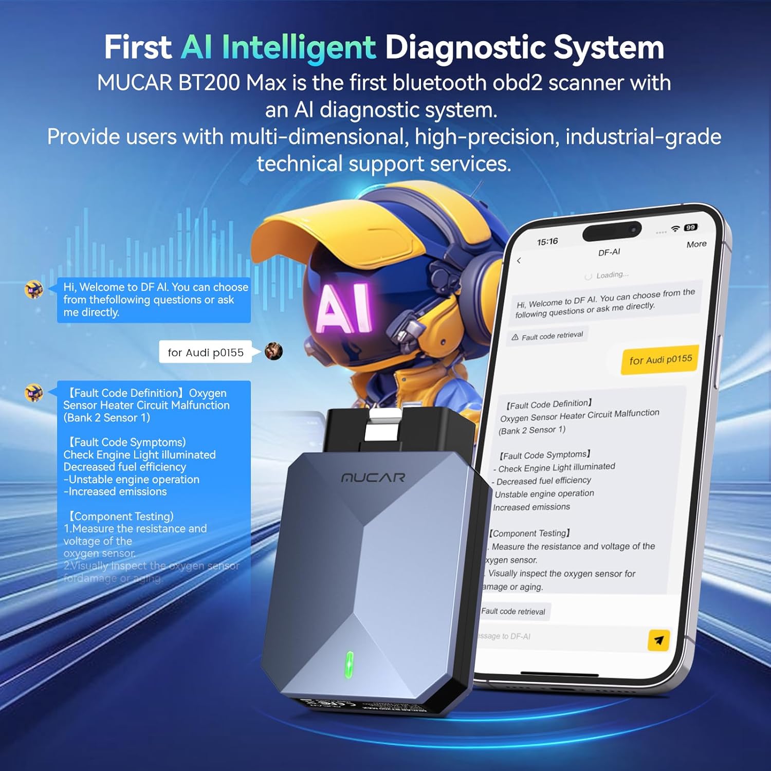 MUCAR Actualización de por vida Bluetooth del escáner OBD2 asistido por AI, BT200 MAX compatible con ELM327, todos los sistemas OBD2 herramienta de diagnóstico con 15 reinicios para iOS y Android, protocolo CANFD, Autoauth para FCA SGW