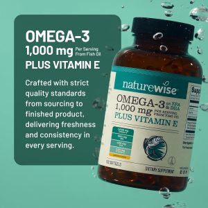 NatureWise Suplemento de Aceite de Pescado Omega 3 Extra Fuerte – 1000 mg por Porción – 600 EPA y 400 DHA y Vitamina E – Apoyo para la Salud del Corazón y el Cerebro – Sabor a Limón, sin GMO – 180