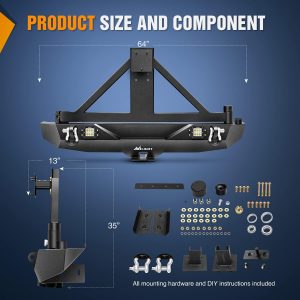 Nilight Rear Bumper & Spare Tire Rack & Hitch Receiver w/2 LED Lights Compatible for 2007-2018 Wrangler JK for 2007-2018 Wrangler JK & Unlimited