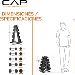 CAP Juego de mancuernas hexagonales con revestimiento de goma con estante de almacenamiento, opciones de 100 a 210 libras, almacenamiento compacto vertical que ahorra espacio para entrenamiento de fuerza en el gimnasio en casa
