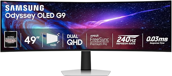 Samsung 49" Odyssey G93SC Series Curved Gaming Monitor, QD-OLED, 240Hz, 0.03ms, DQHD, G-Sync Compatible, FreeSync Premium Pro, Adjustable Stand