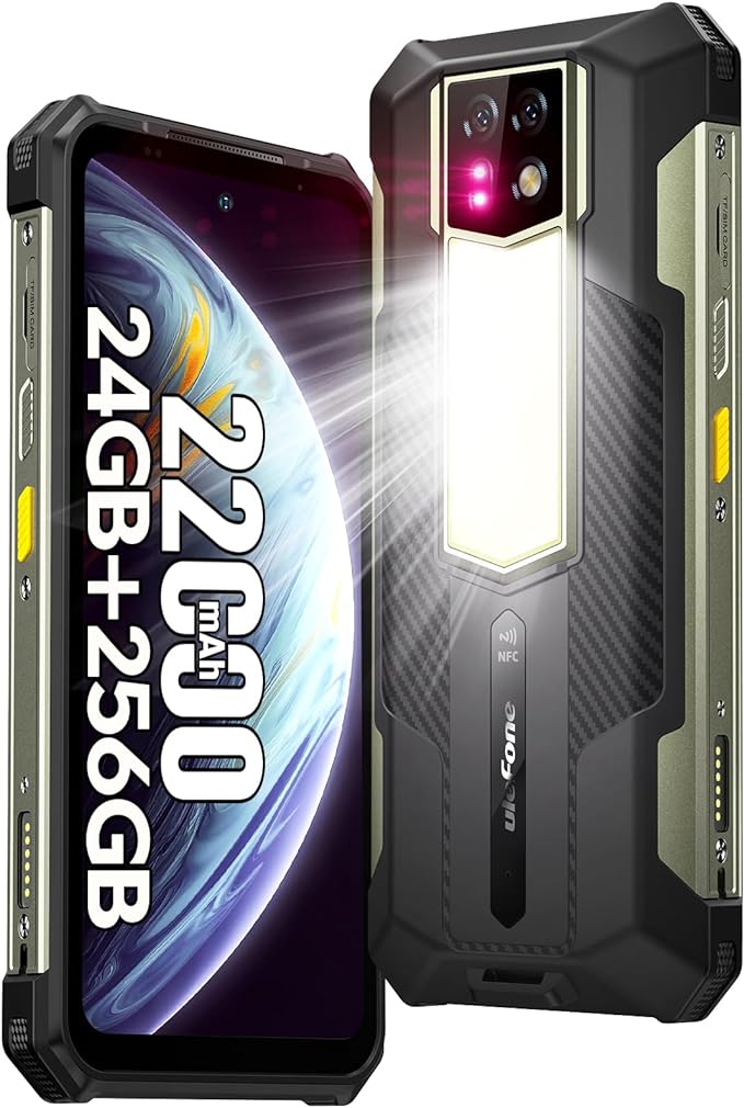 Ulefone Armor 24 22000mAh Mega Battery Unlocked Rugged Phone, Camping Light, 24GB RAM +256GB ROM, 6.78" FHD+120Hz Screen, 64MP Main Camera + 64MP Night Vision Camera, Android 14 Rugged Smartphone NFC