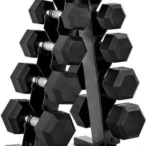 CAP Juego de mancuernas hexagonales con revestimiento de goma con estante de almacenamiento, opciones de 100 a 210 libras, almacenamiento compacto vertical que ahorra espacio para entrenamiento de fuerza en el gimnasio en casa