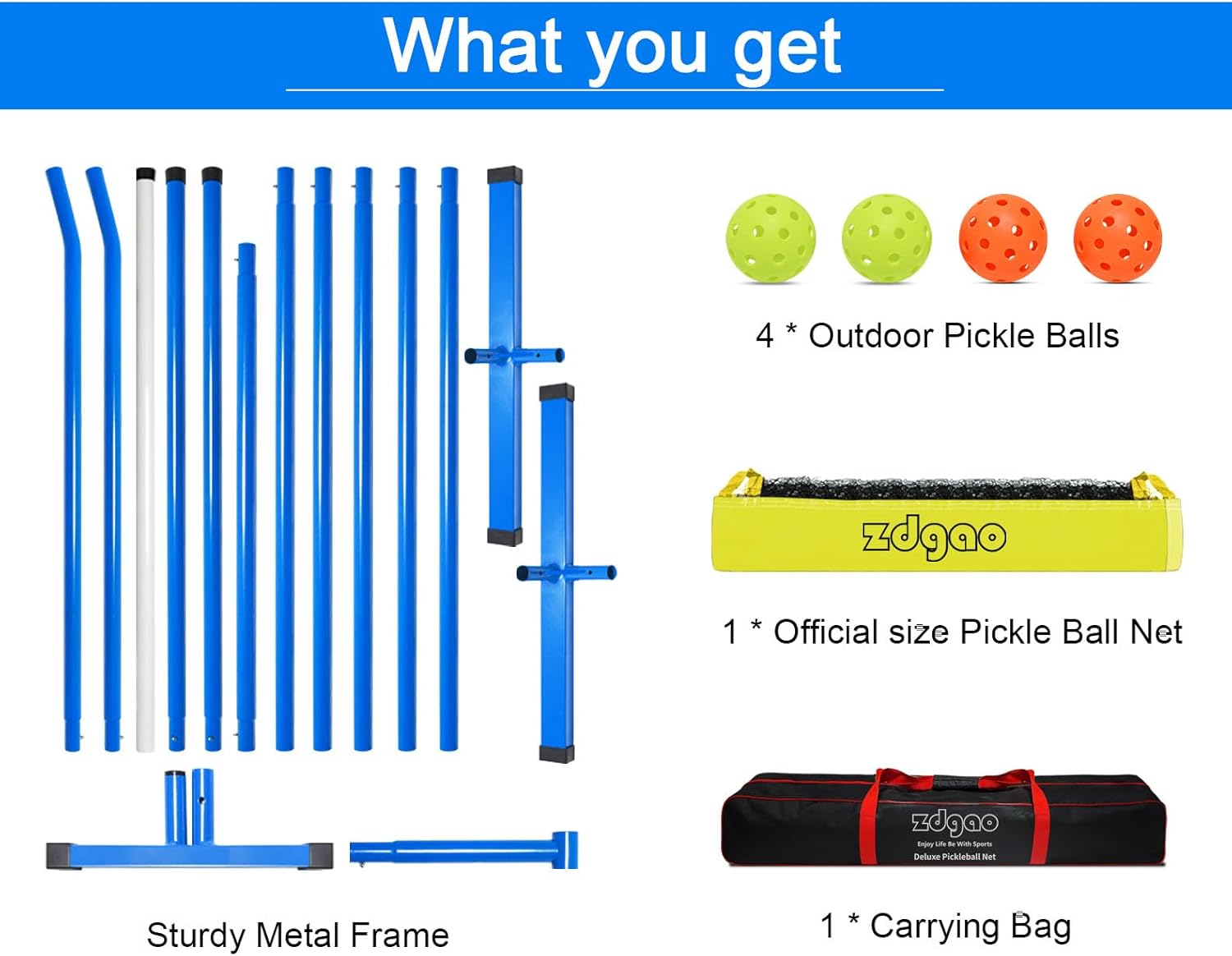 Zdgao Portable Pickleball Net for Driveway, 22FT Regularion Size Pickle Ball Net with Pickleballs and Carry Bag, Easy Setup for Indoor Gym, Outdoor Court, Backyard, Street