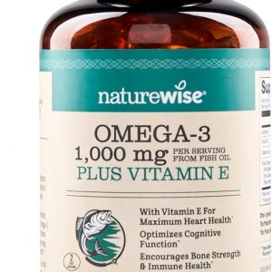 NatureWise Suplemento de Aceite de Pescado Omega 3 Extra Fuerte – 1000 mg por Porción – 600 EPA y 400 DHA y Vitamina E – Apoyo para la Salud del Corazón y el Cerebro – Sabor a Limón, sin GMO – 180