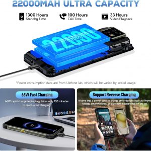 Ulefone Armor 24 22000mAh Mega Battery Unlocked Rugged Phone, Camping Light, 24GB RAM +256GB ROM, 6.78" FHD+120Hz Screen, 64MP Main Camera + 64MP Night Vision Camera, Android 14 Rugged Smartphone NFC