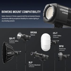 Godox Litemons LE300Bi COB luz de video LED, luz de salida continua bicolor Godox Bowens Mount de 315W con control DMX/Bluetooth APP, conexión NFC, 2800K~6500K, 58900Lux@1m, CRI/TLCI98, 11 efectos Fx
