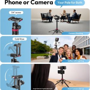 ULANZI 0.01s Auto Pop Open Phone Tripod with Remote, MT44B 59'' Selfie Stick Tripod w Dual Mount for Phone & Camera for Vlog/Live/Travel, Cell Phone Stand 360° Ball Head for iPhone 17Pro Max/Android
