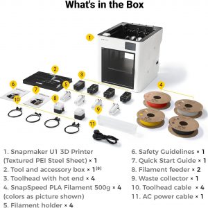 Snapmaker Impresora 3D U1 multicolor, 4 cabezales de herramientas con cambio de herramienta de 5 segundos, impresión multicolor con 5 veces más velocidad y 5 veces menos residuos, calibración